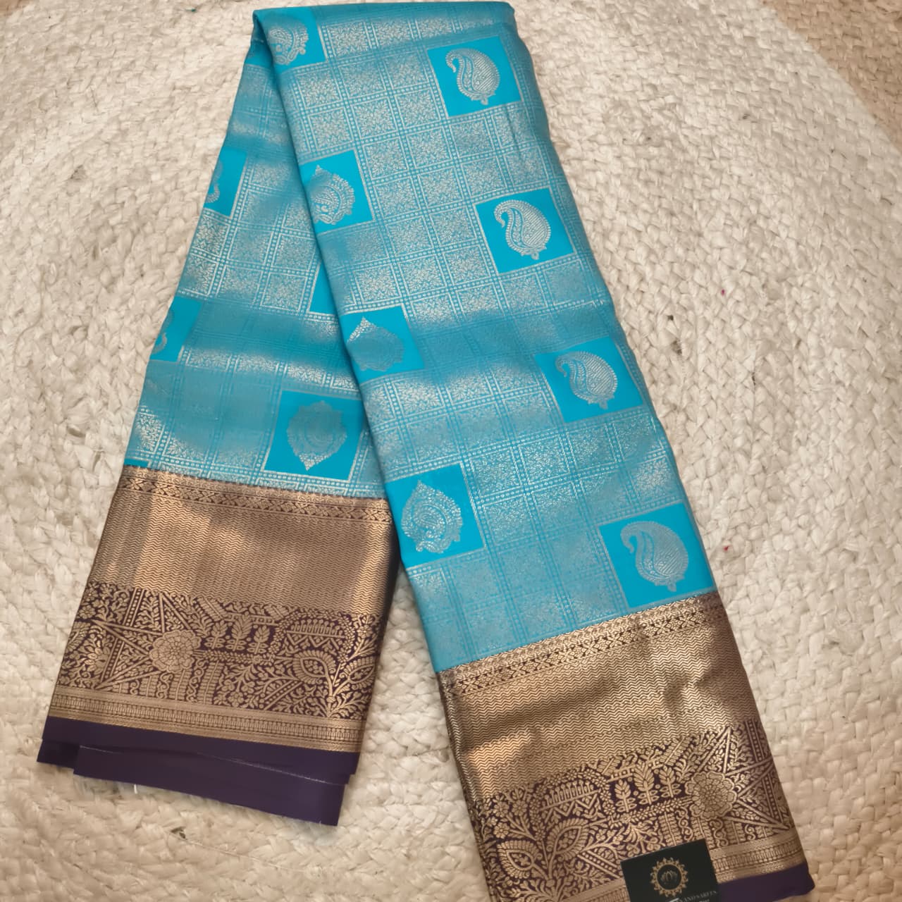 Semi Kanchipuram Brocade Silk Saree- Blue with Deep Wine