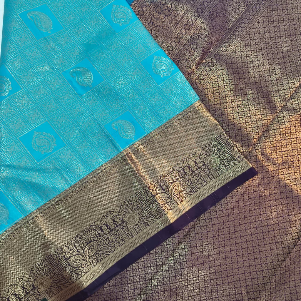 Semi Kanchipuram Brocade Silk Saree- Blue with Deep Wine