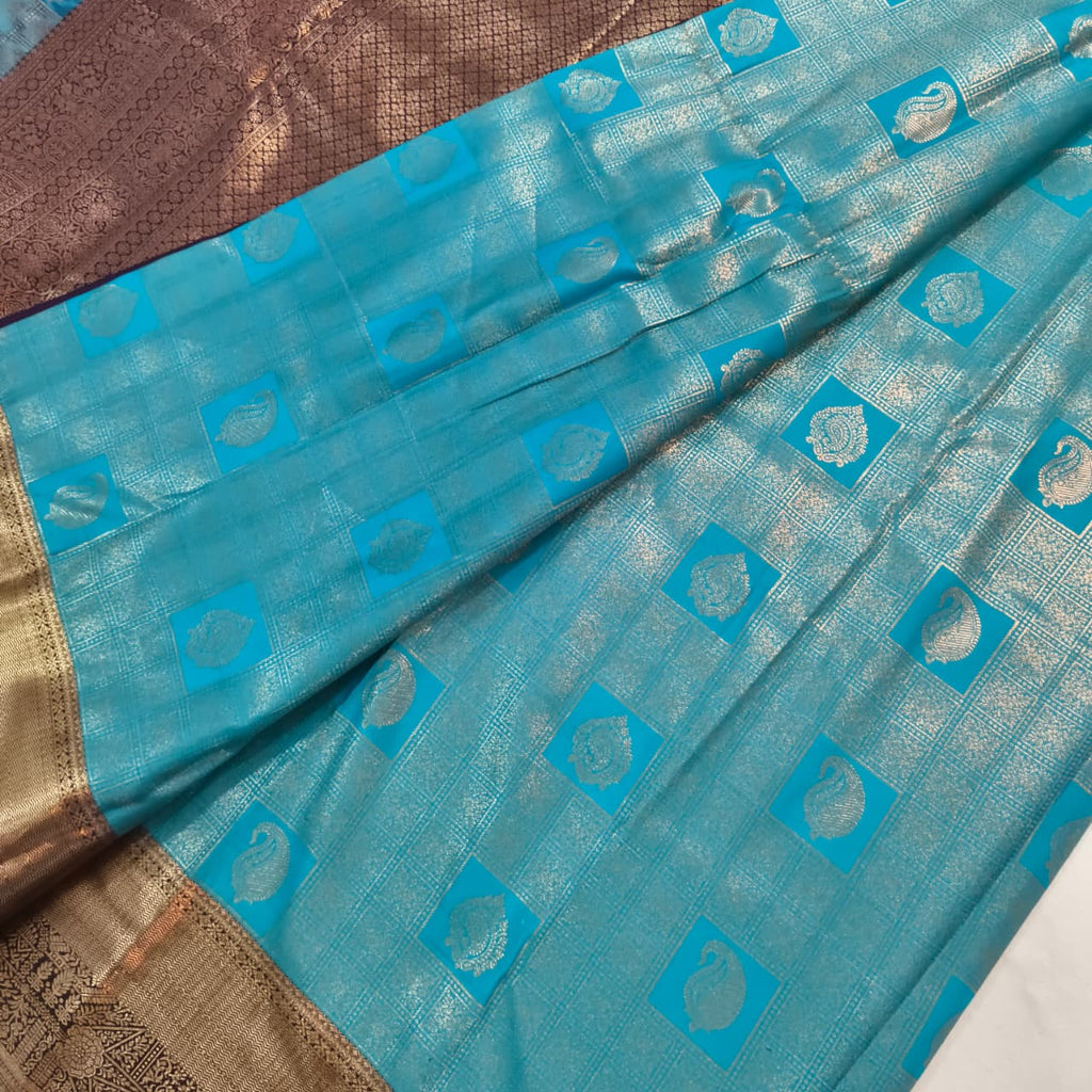 Semi Kanchipuram Brocade Silk Saree- Blue with Deep Wine