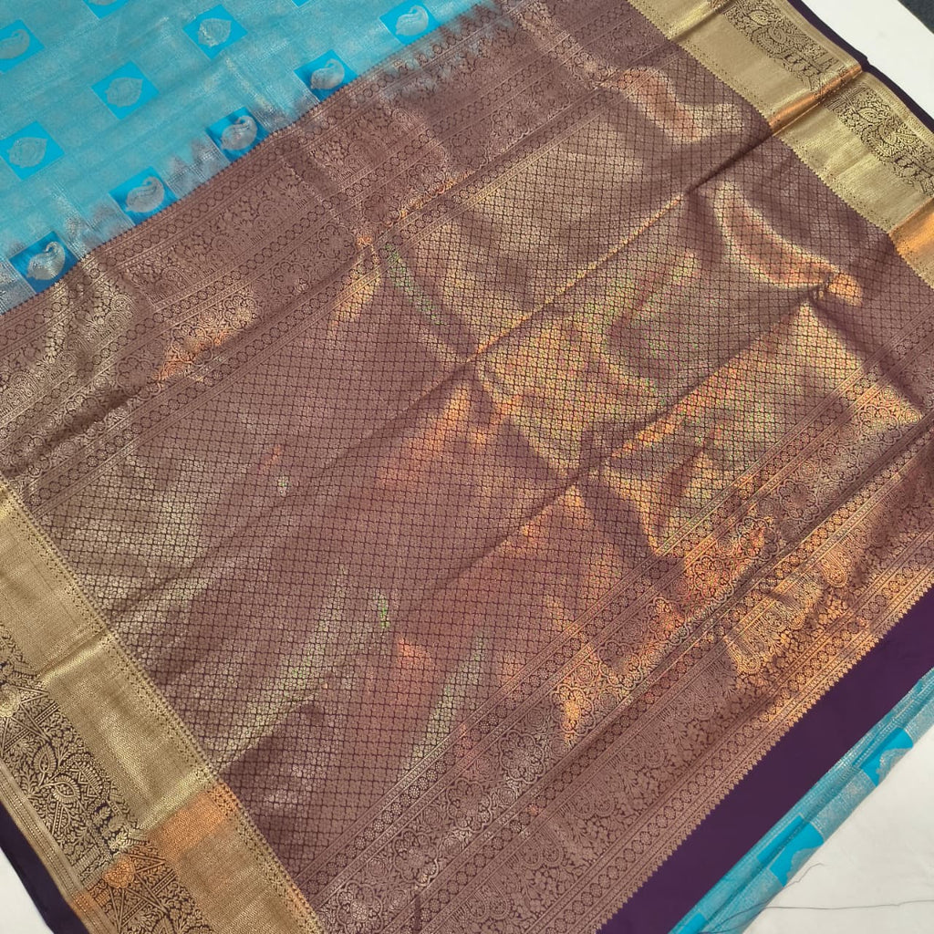 Semi Kanchipuram Brocade Silk Saree- Blue with Deep Wine