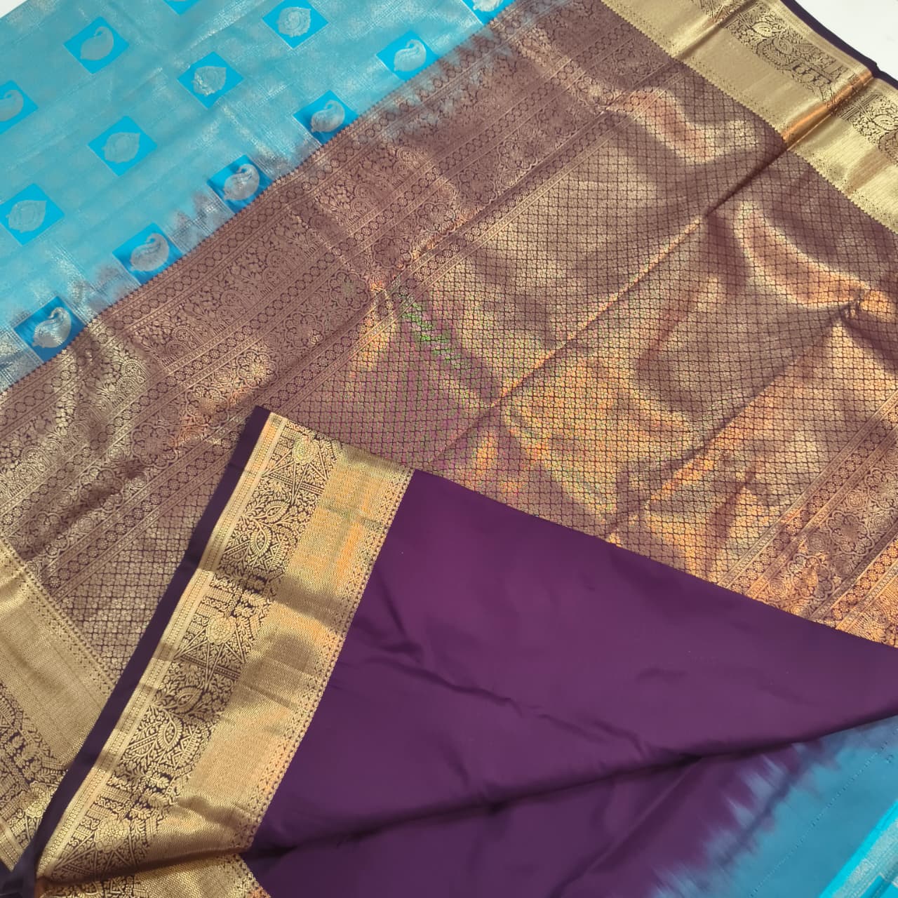 Semi Kanchipuram Brocade Silk Saree- Blue with Deep Wine
