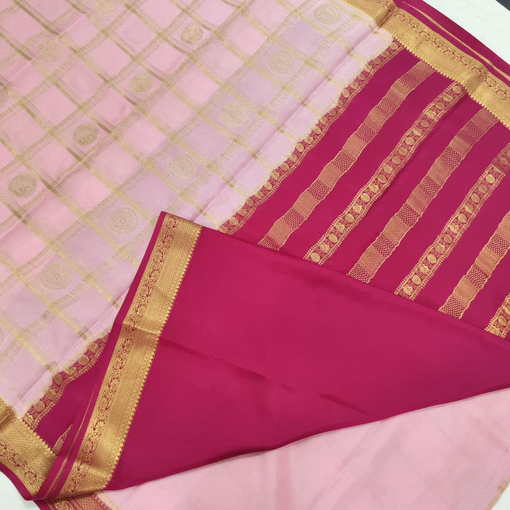 Pure Mysore Crepe Silk Saree – Light Pink and Rani Pink Contrast Checks