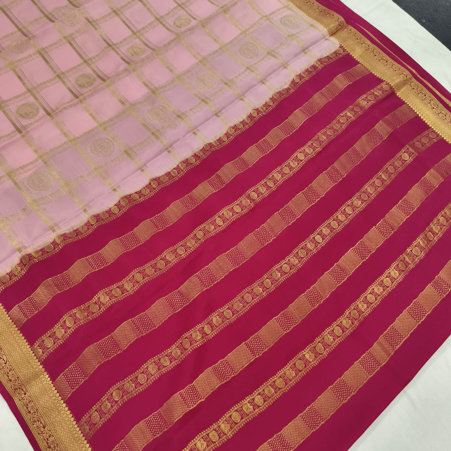 Pure Mysore Crepe Silk Saree – Light Pink and Rani Pink Contrast Checks