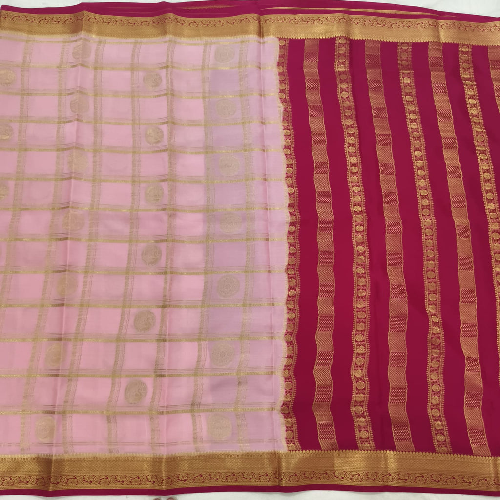Pure Mysore Crepe Silk Saree – Light Pink and Rani Pink Contrast Checks