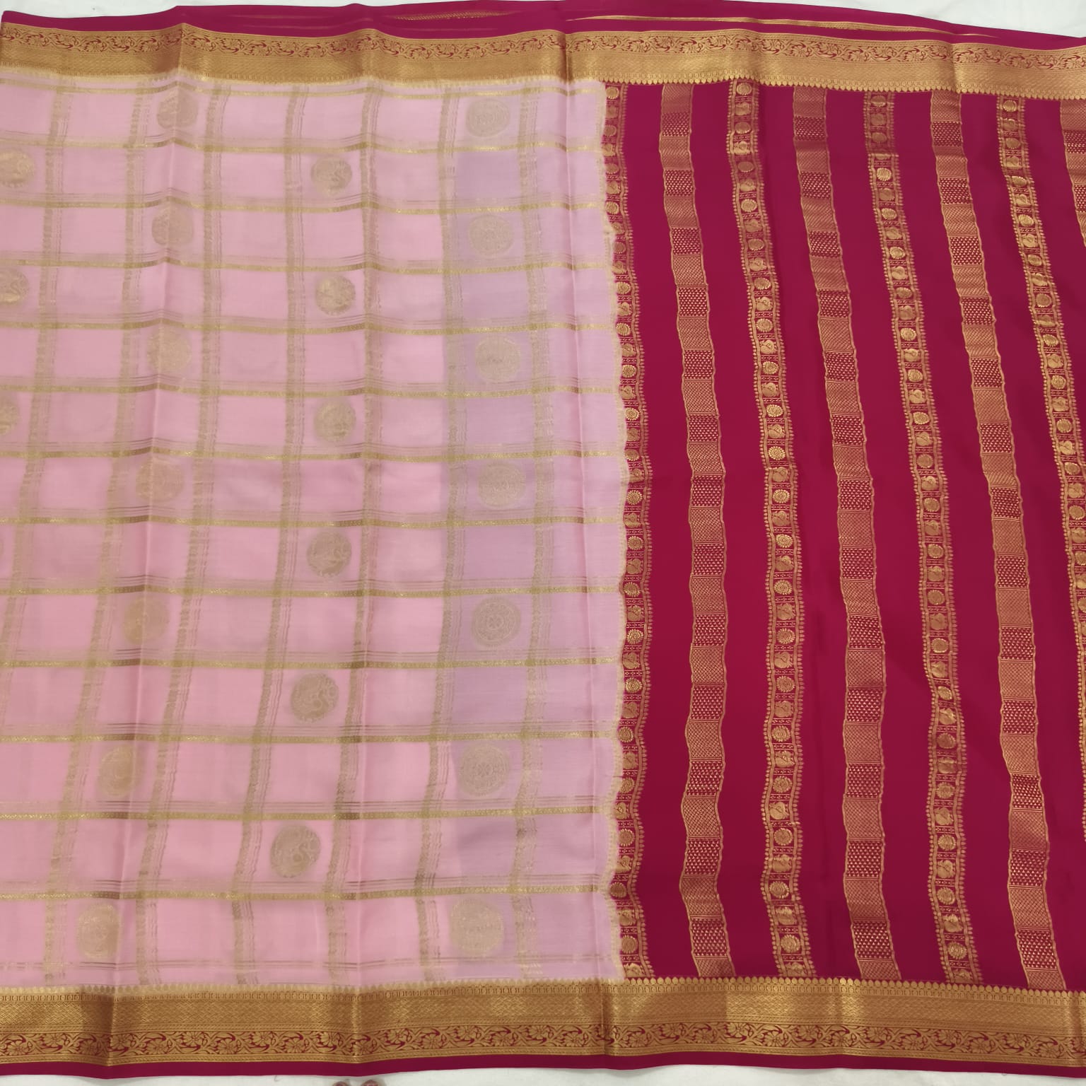 Pure Mysore Crepe Silk Saree – Light Pink and Rani Pink Contrast Checks