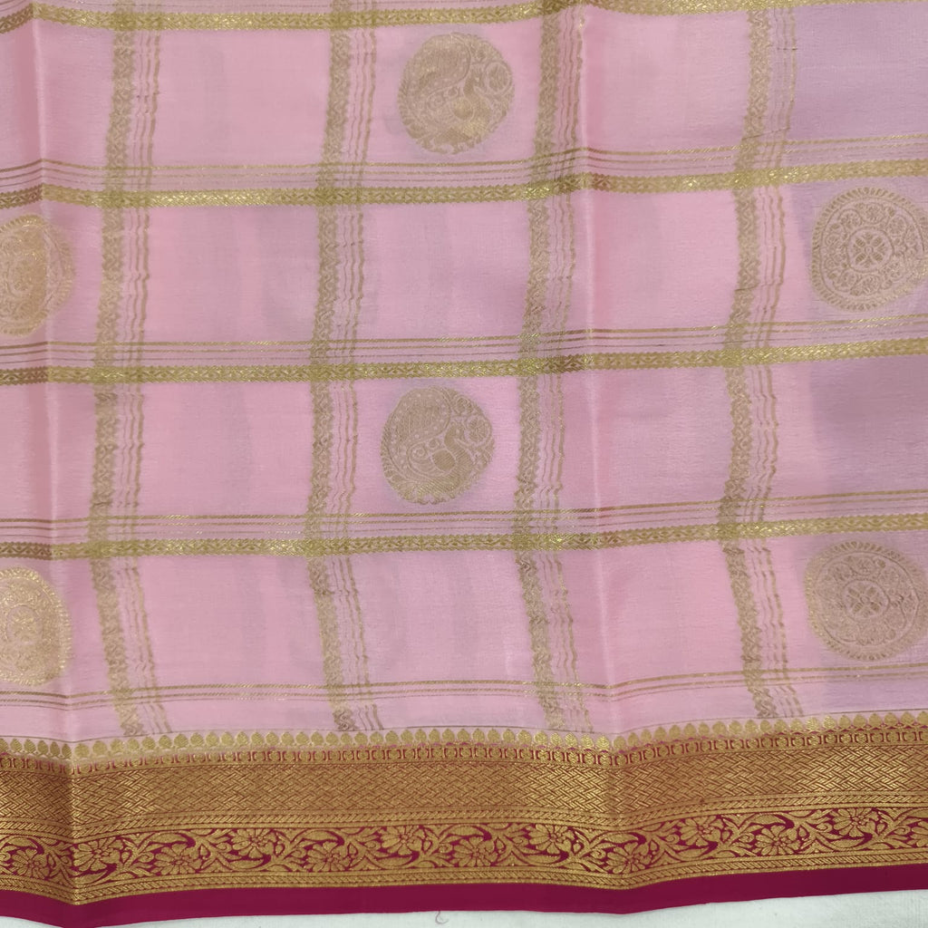 Pure Mysore Crepe Silk Saree – Light Pink and Rani Pink Contrast Checks