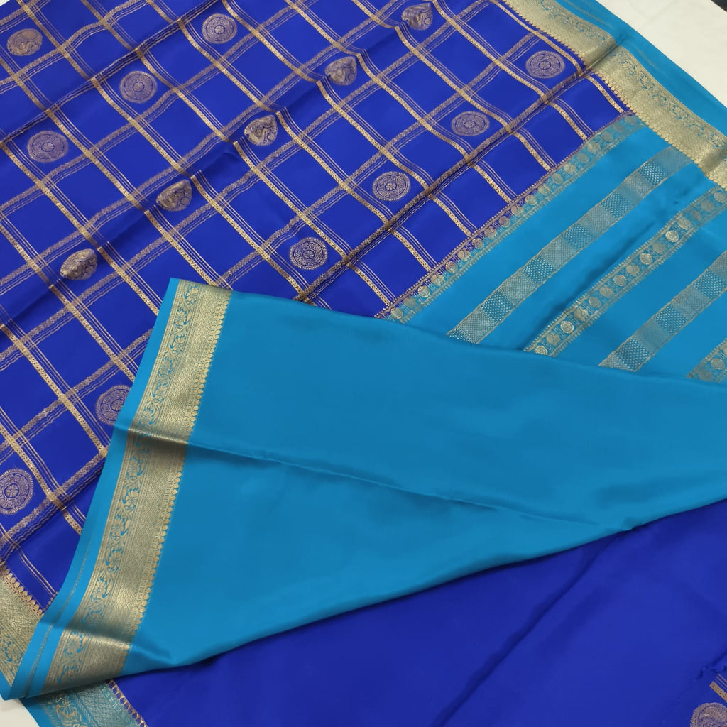 Pure Mysore Crepe Silk Saree – Royal Blue and light, Checks