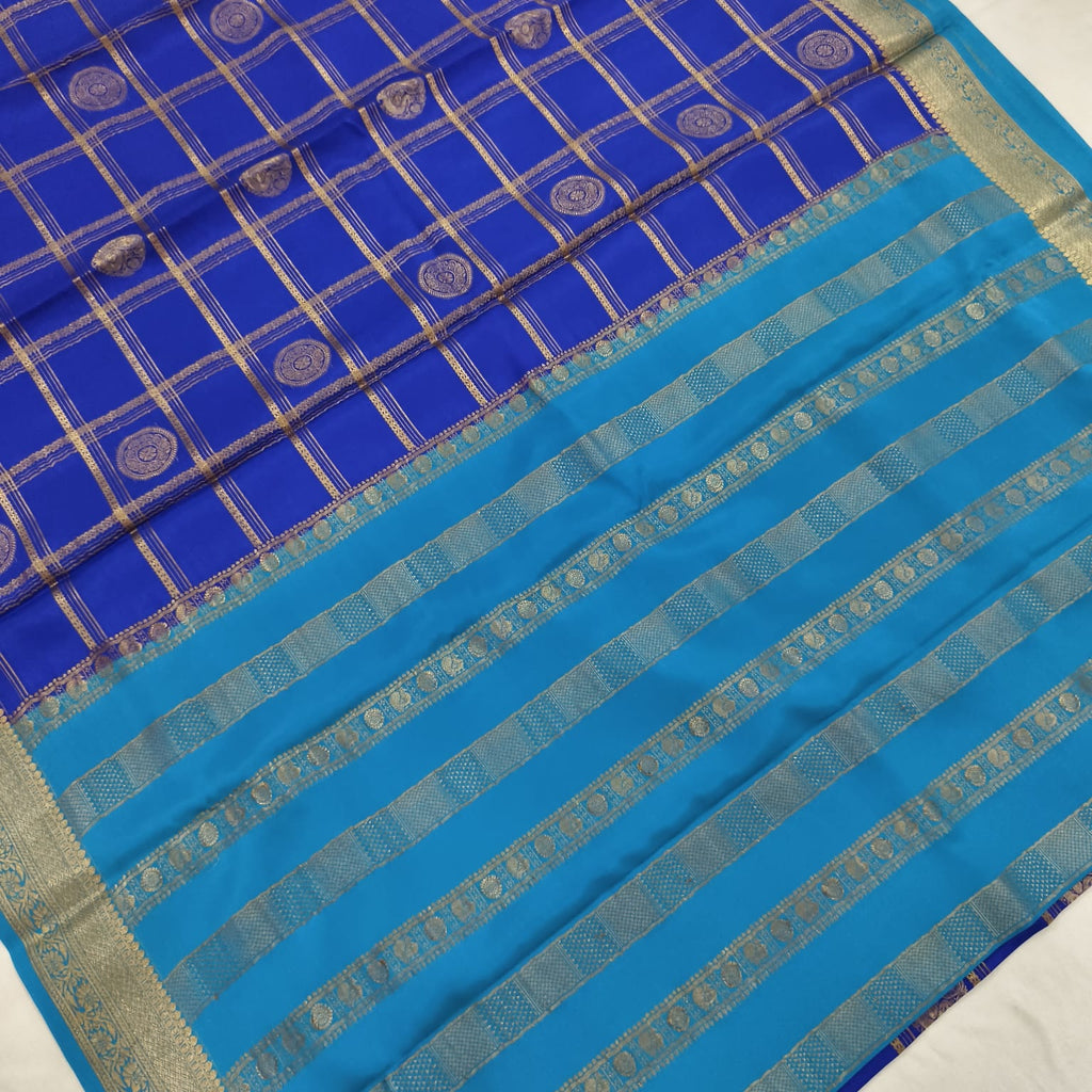 Pure Mysore Crepe Silk Saree – Royal Blue and light, Checks