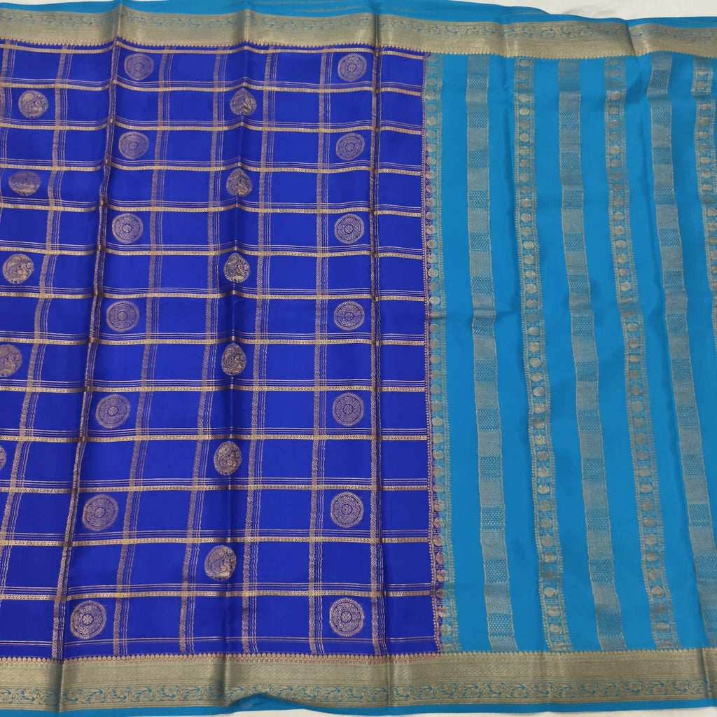 Pure Mysore Crepe Silk Saree – Royal Blue and light, Checks