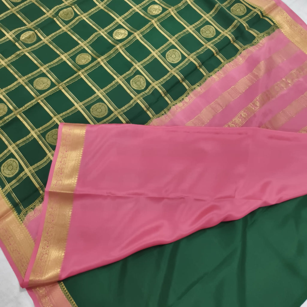 Pure Mysore Crepe Silk Saree – Green and Light Pink, Checks