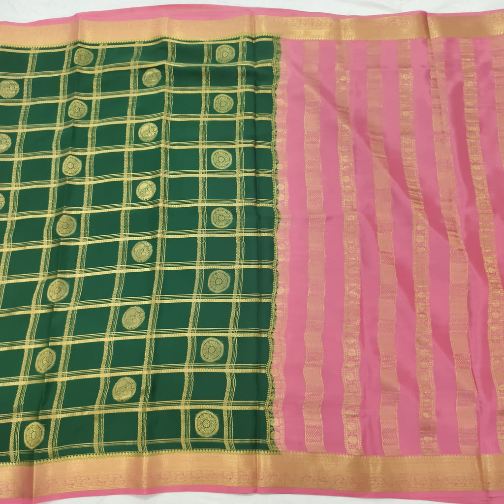 Pure Mysore Crepe Silk Saree – Green and Light Pink, Checks
