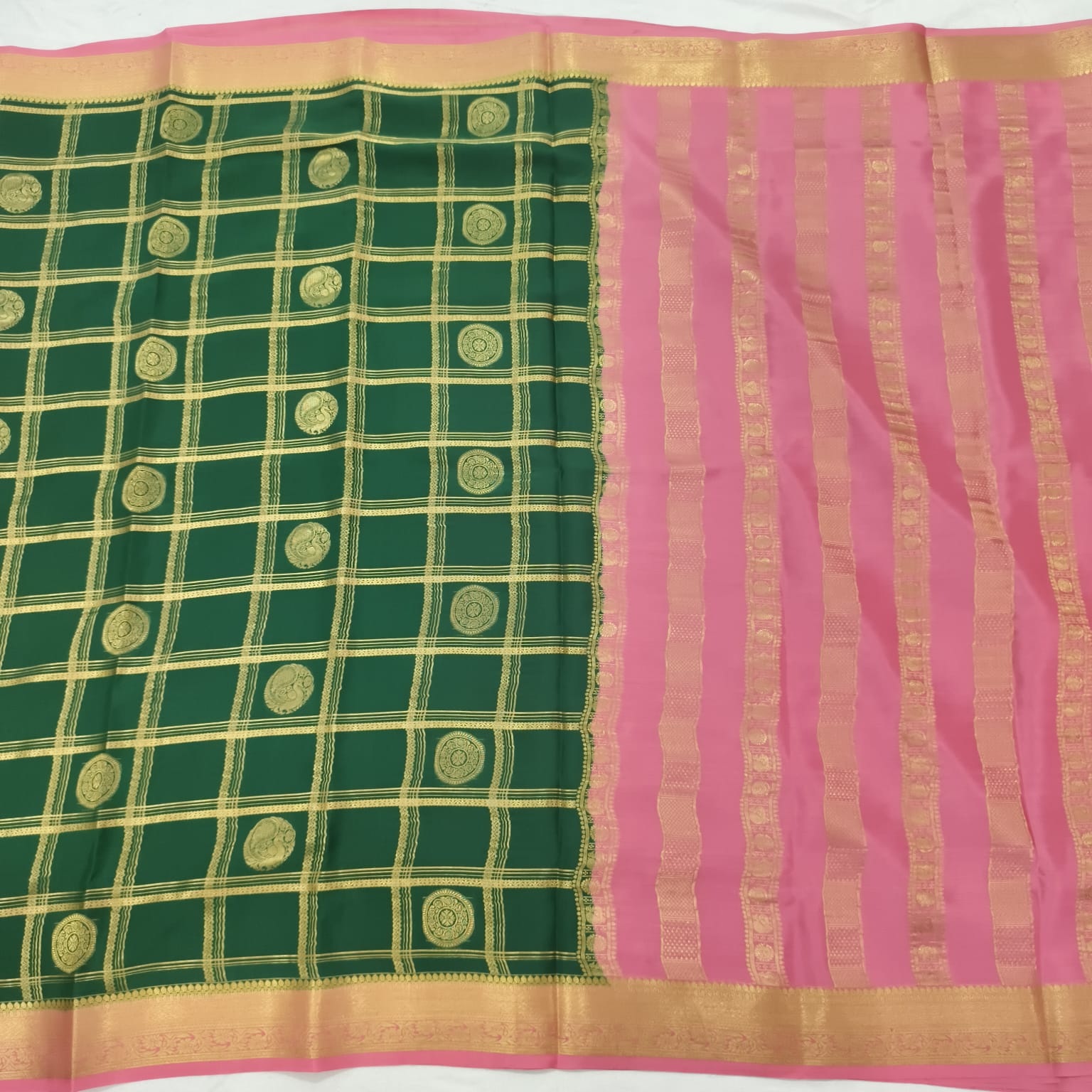 Pure Mysore Crepe Silk Saree – Green and Light Pink, Checks