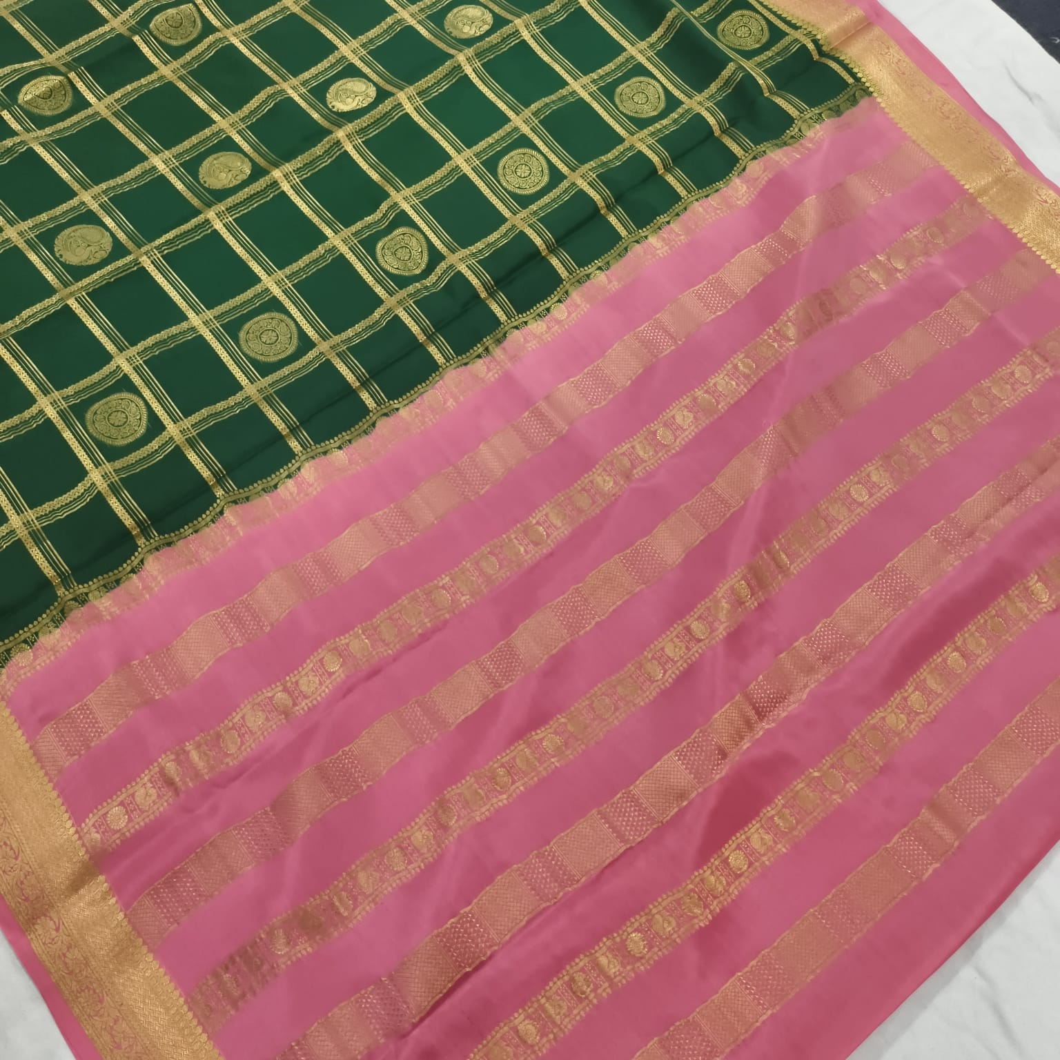 Pure Mysore Crepe Silk Saree – Green and Light Pink, Checks