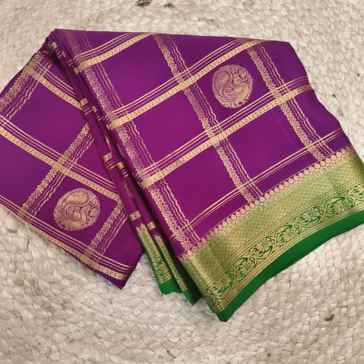 Pure Mysore Crepe Silk Saree – Magenta Pink and Green, Checks