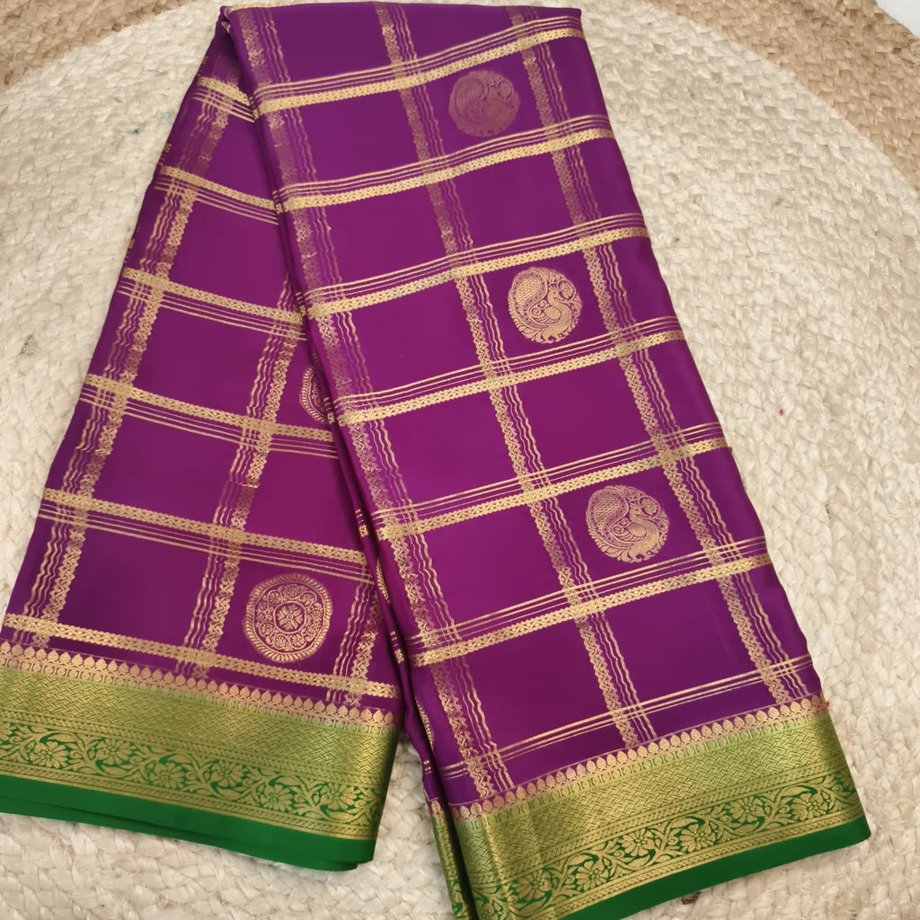 Pure Mysore Crepe Silk Saree – Magenta Pink and Green, Checks