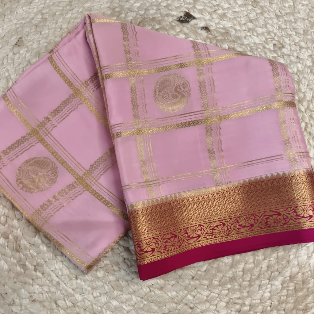 Pure Mysore Crepe Silk Saree – Light Pink and Rani Pink Contrast Checks