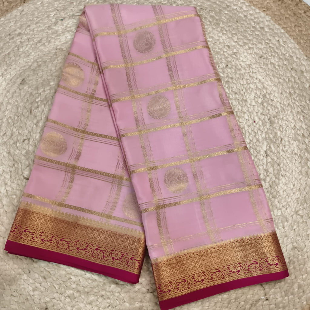 Pure Mysore Crepe Silk Saree – Light Pink and Rani Pink Contrast Checks