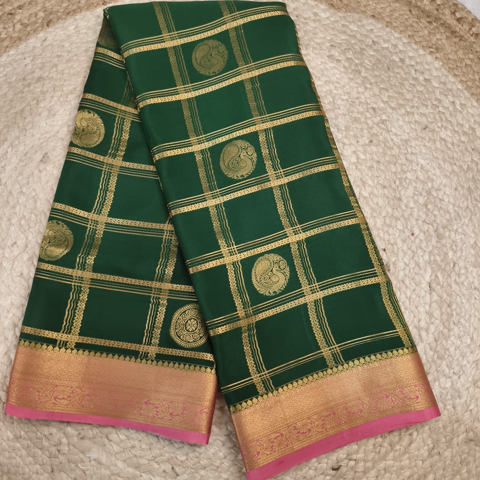 Pure Mysore Crepe Silk Saree – Green and Light Pink, Checks