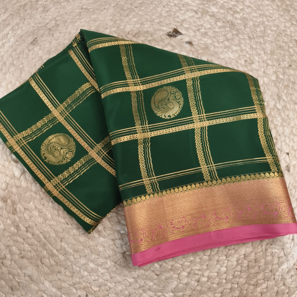 Pure Mysore Crepe Silk Saree – Green and Light Pink, Checks
