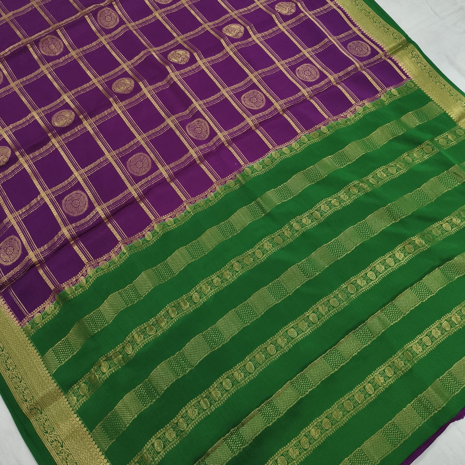 Pure Mysore Crepe Silk Saree – Magenta Pink and Green, Checks