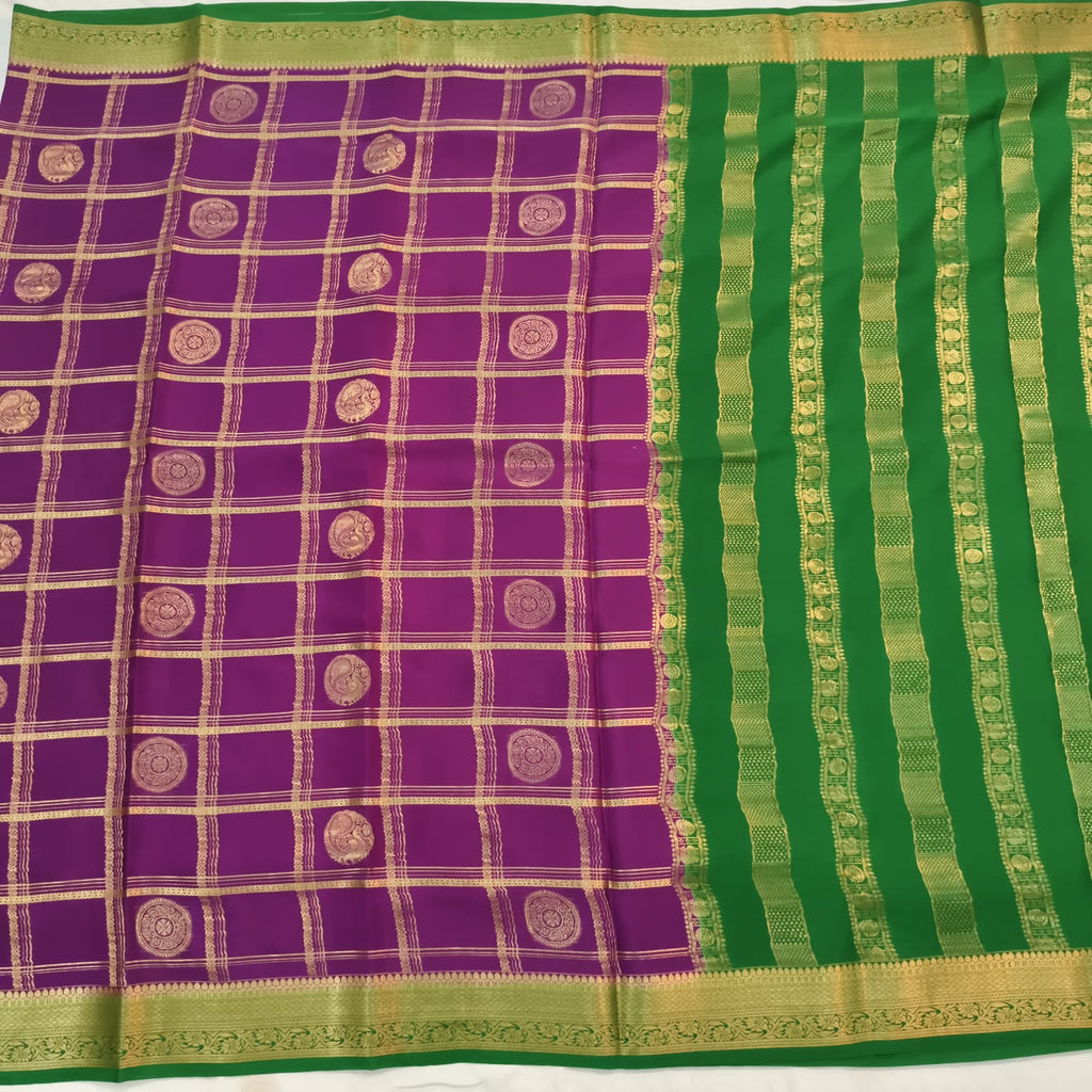 Pure Mysore Crepe Silk Saree – Magenta Pink and Green, Checks