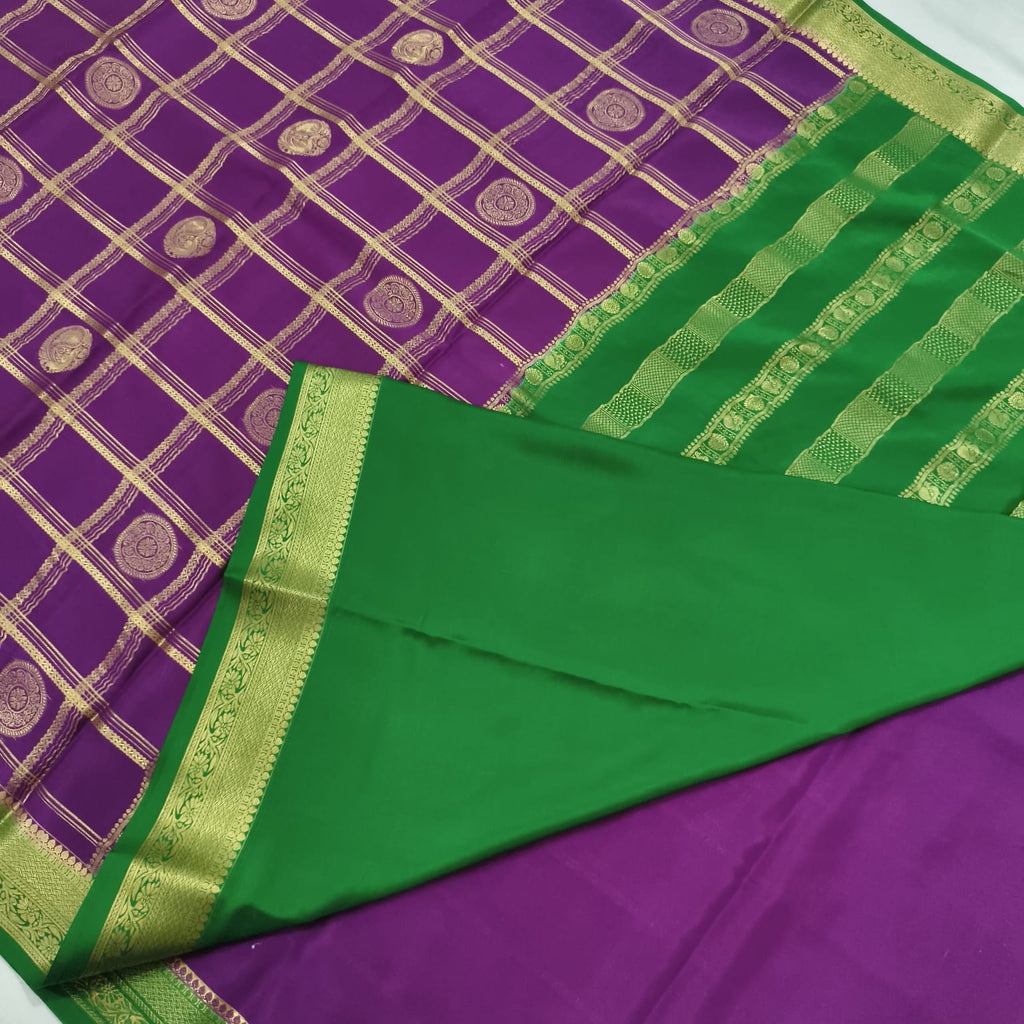 Pure Mysore Crepe Silk Saree – Magenta Pink and Green, Checks