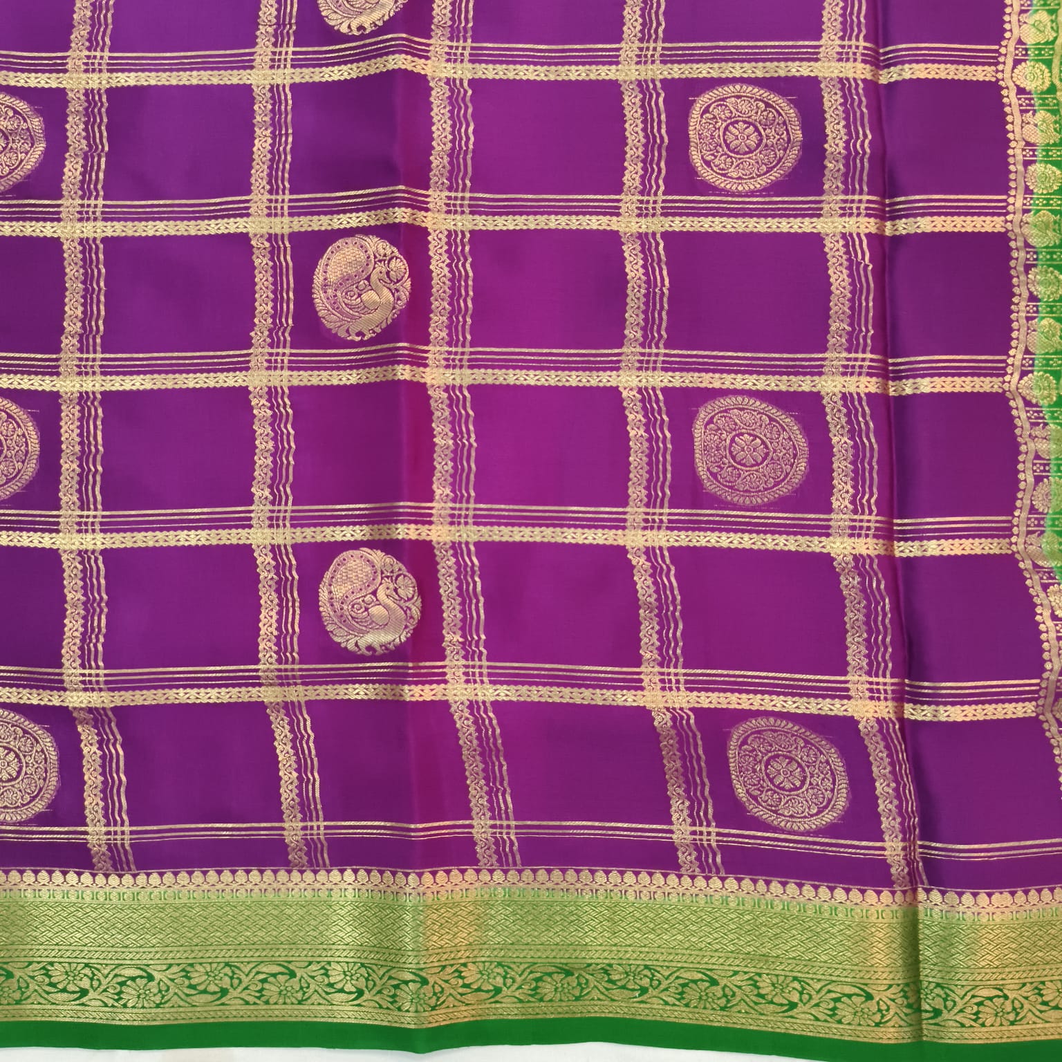 Pure Mysore Crepe Silk Saree – Magenta Pink and Green, Checks