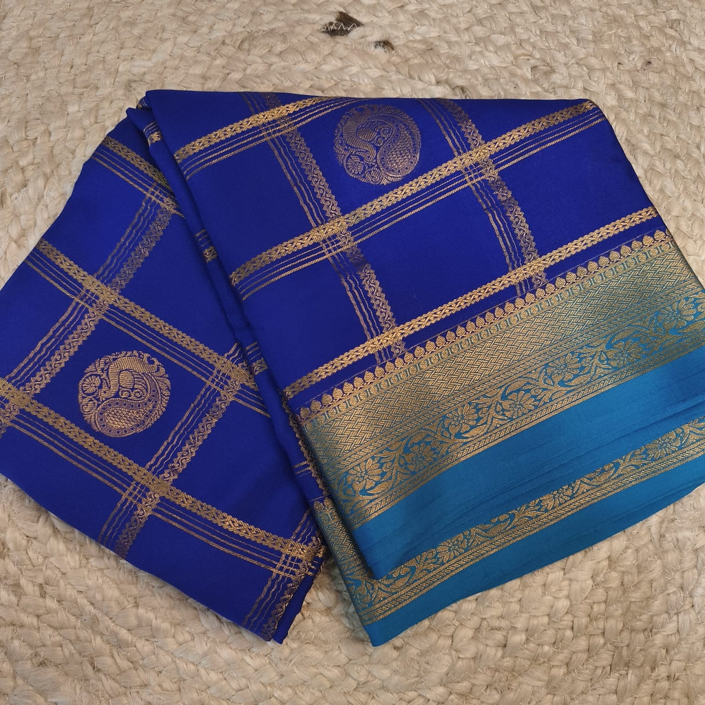 Pure Mysore Crepe Silk Saree – Royal Blue and light, Checks