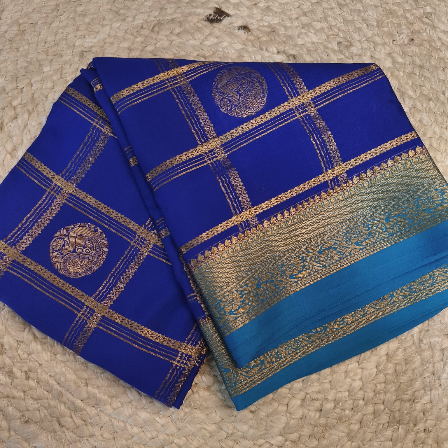 Pure Mysore Crepe Silk Saree – Royal Blue and light, Checks