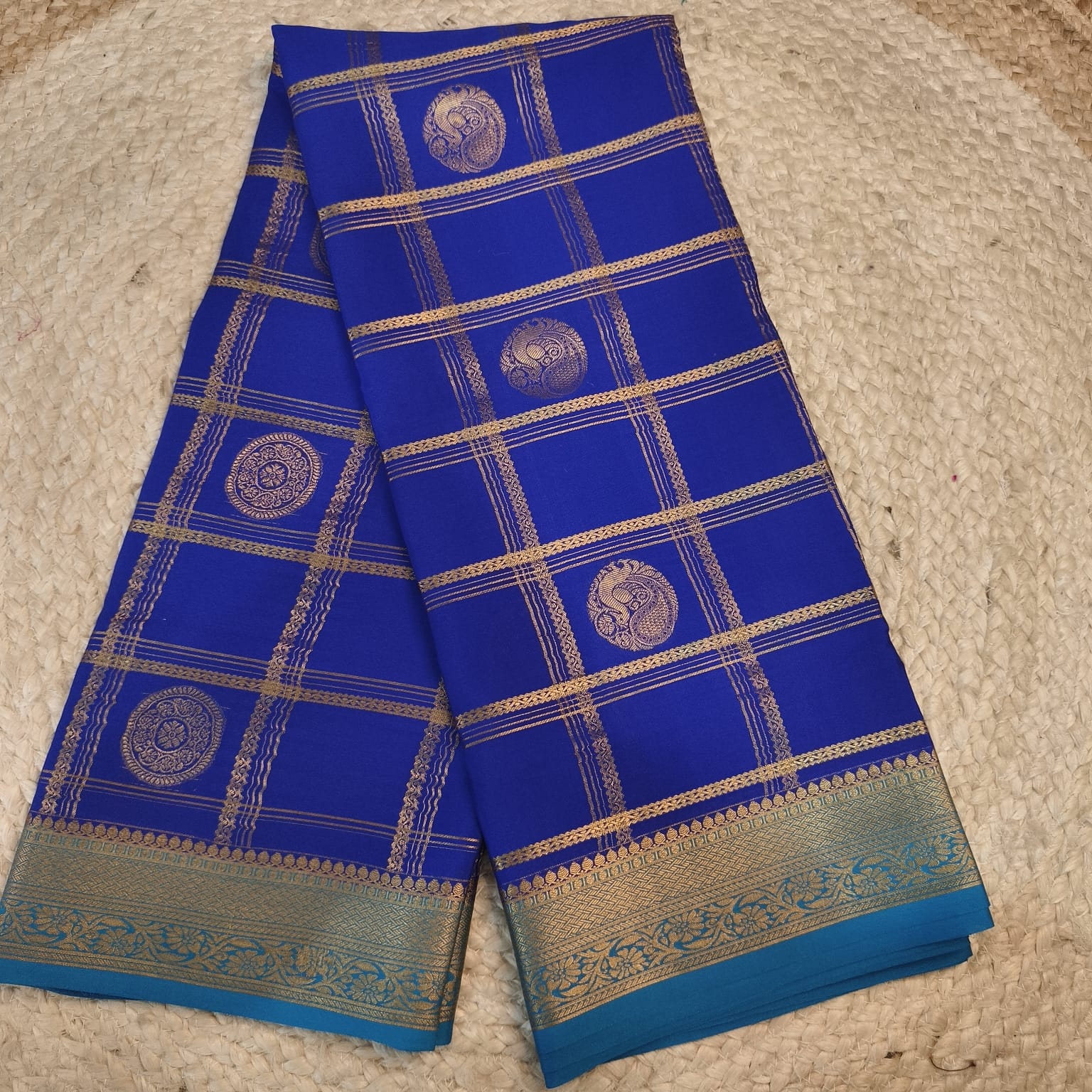 Pure Mysore Crepe Silk Saree – Royal Blue and light, Checks