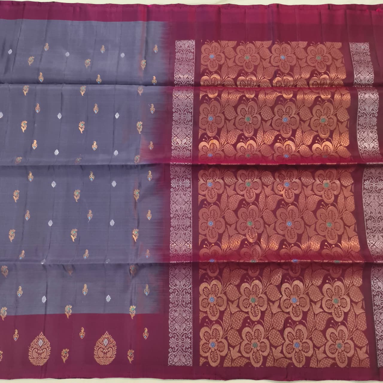 Soft Silk Saree – Dark Lavender and Wine Contrast