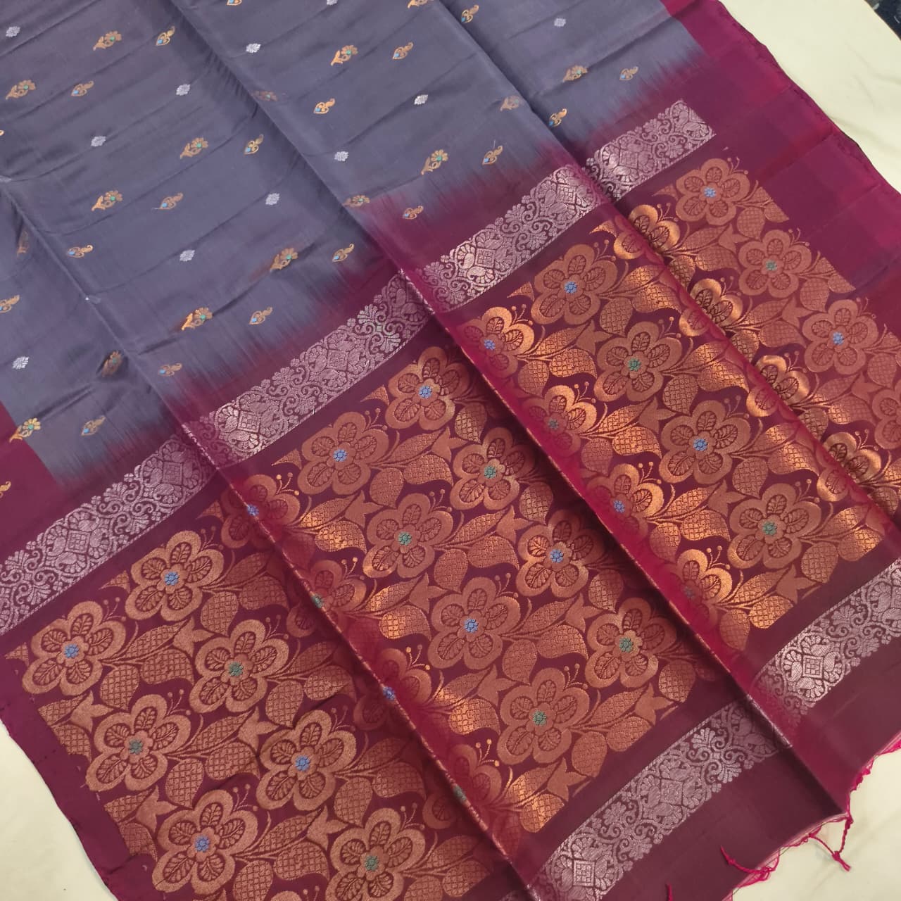 Soft Silk Saree – Dark Lavender and Wine Contrast
