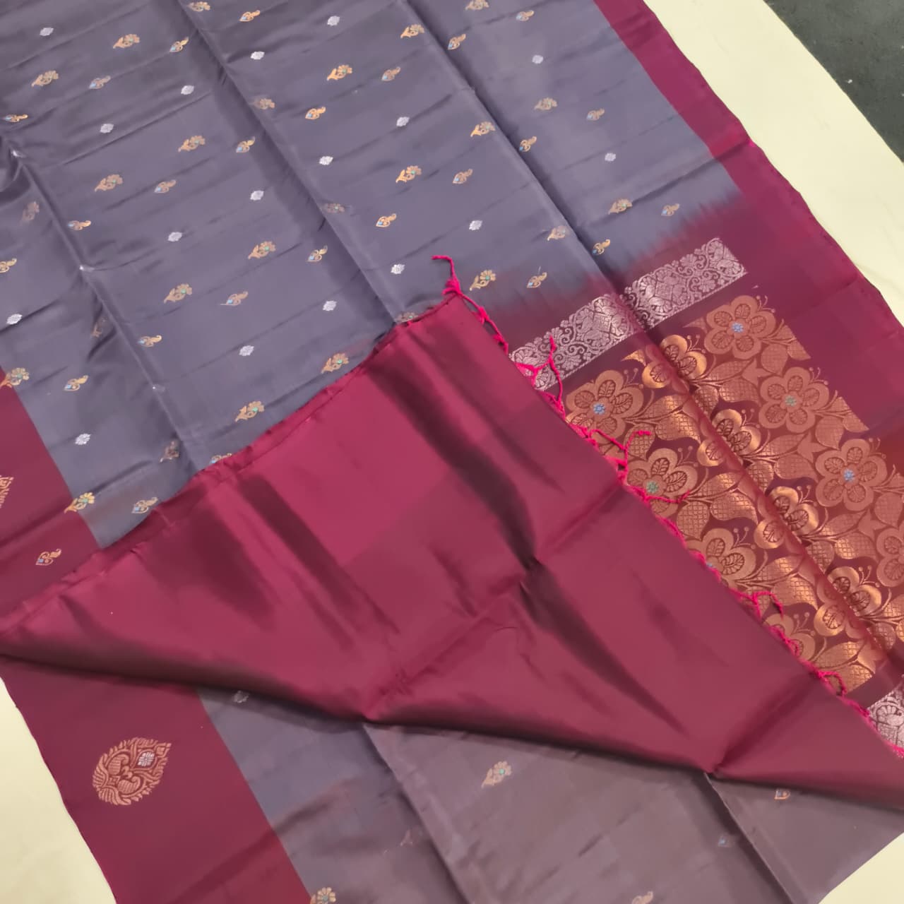 Soft Silk Saree – Dark Lavender and Wine Contrast