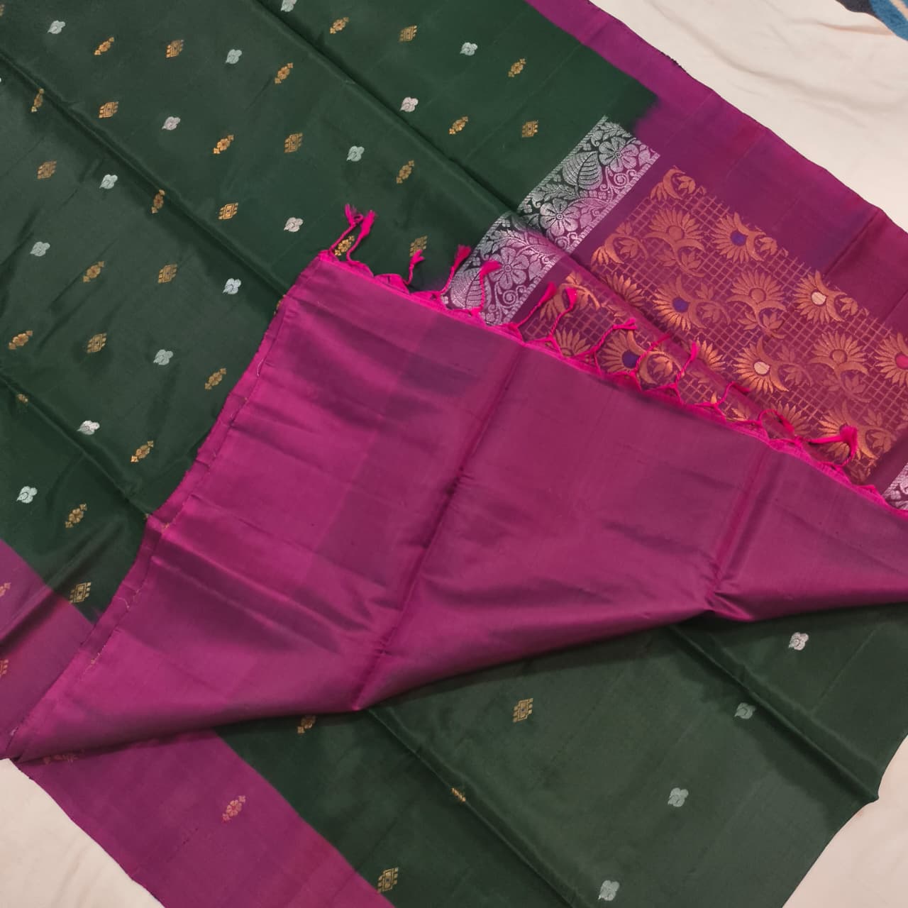 Soft Silk Saree – Bottle Green and Wine Contrast
