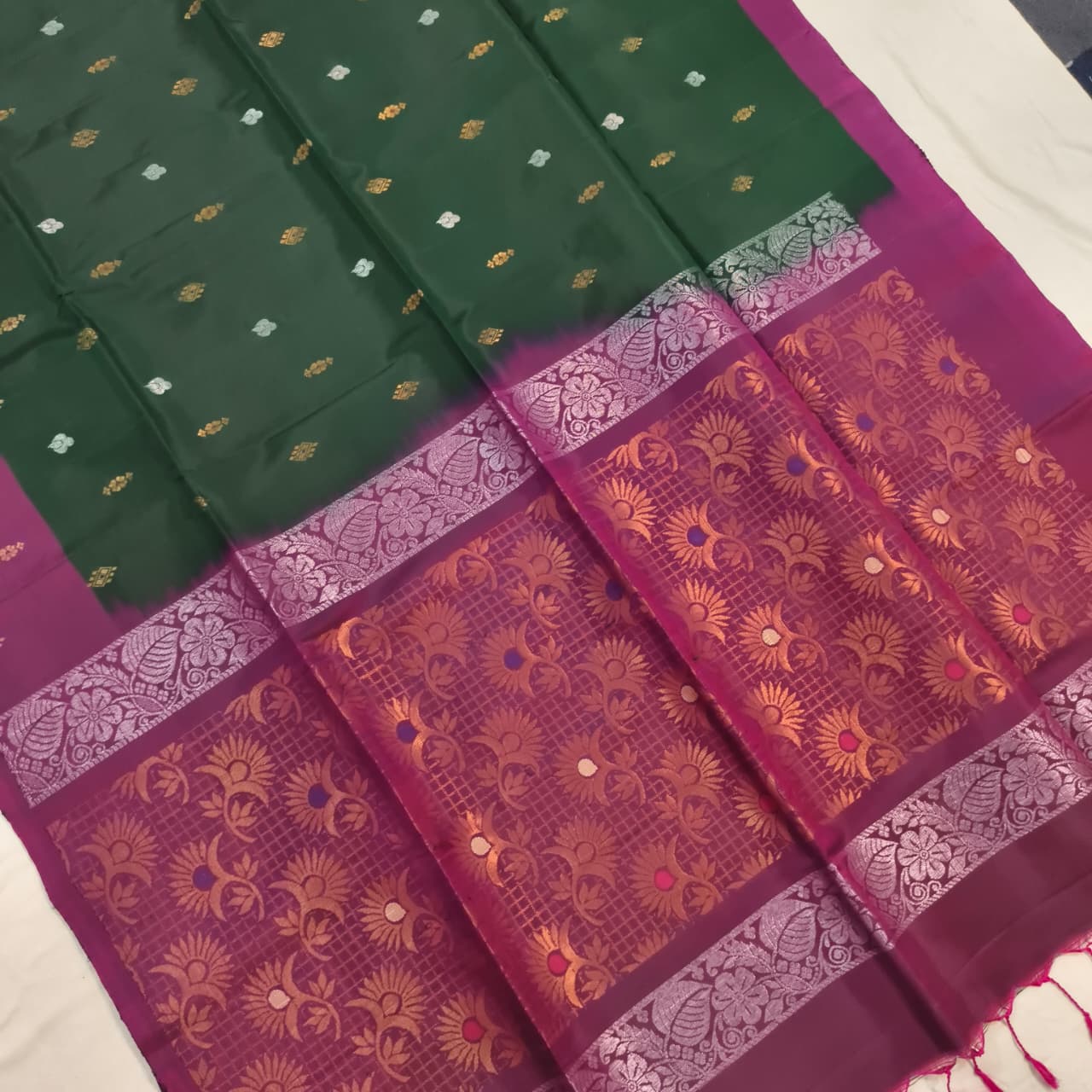 Soft Silk Saree – Bottle Green and Wine Contrast