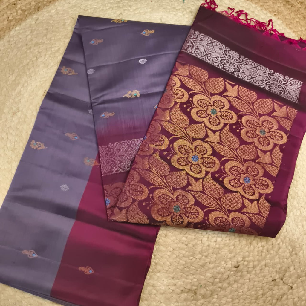 Soft Silk Saree – Dark Lavender and Wine Contrast