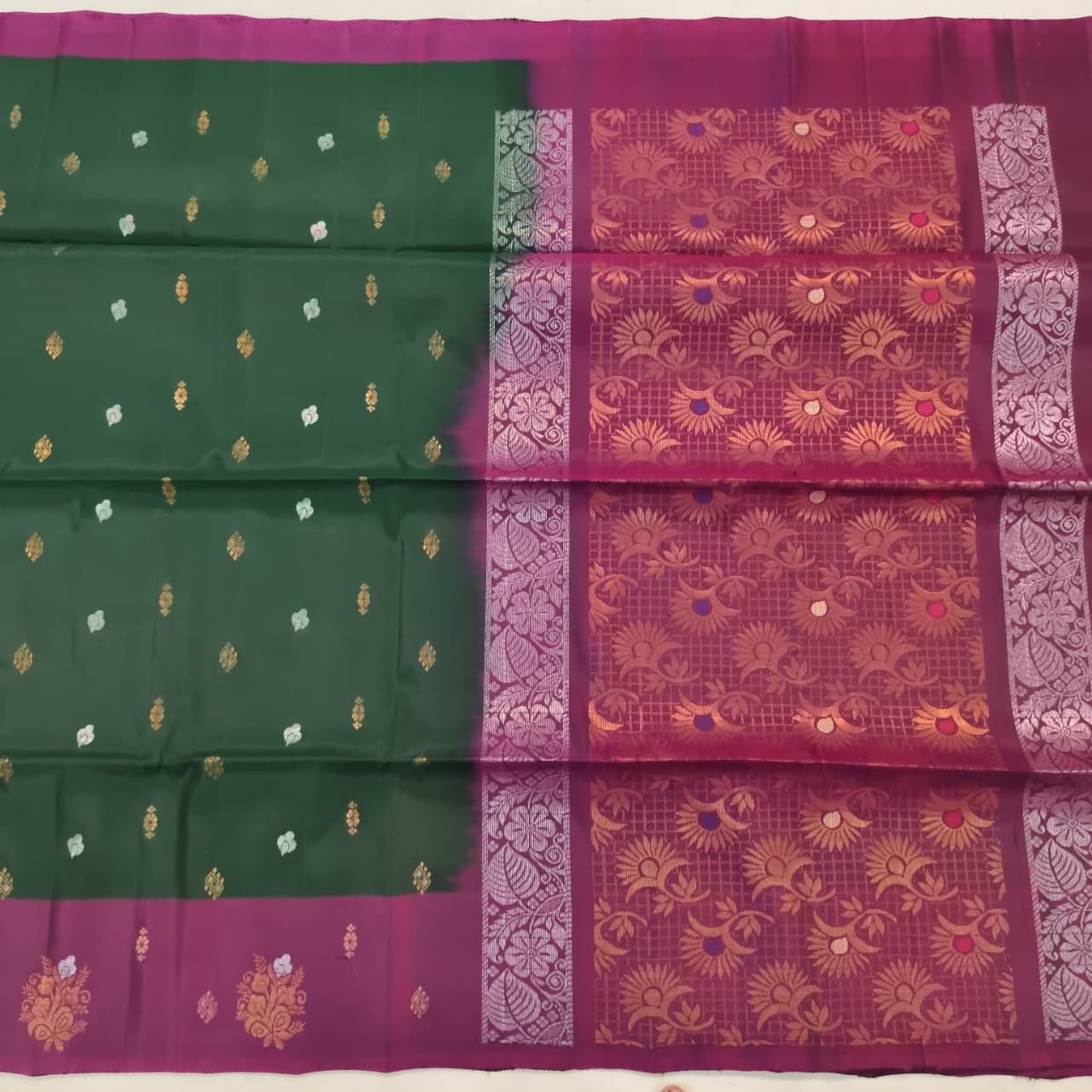 Soft Silk Saree – Bottle Green and Wine Contrast
