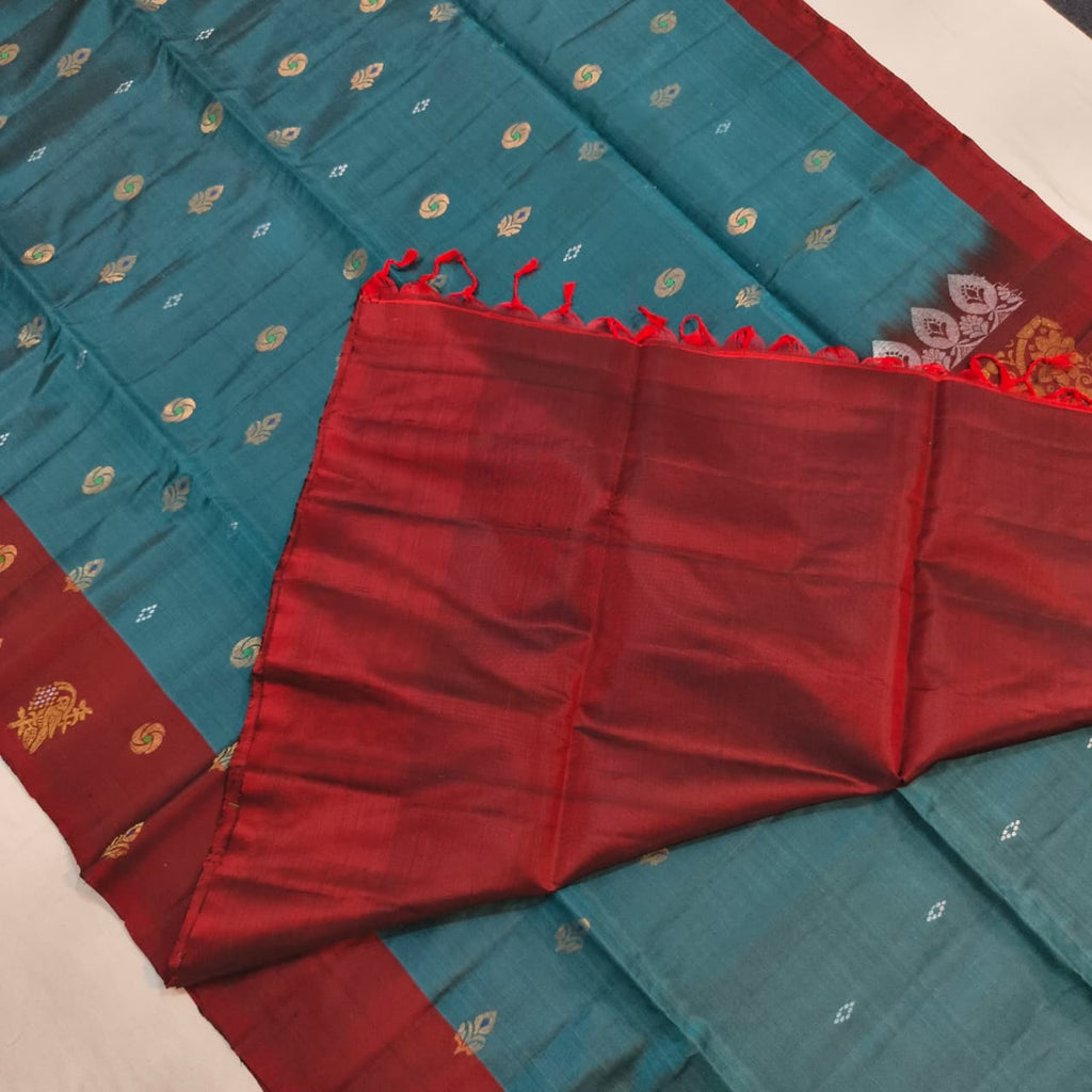 Soft Silk Saree – Teal Blue and Maroon Contrast
