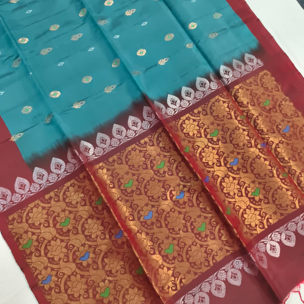 Soft Silk Saree – Teal Blue and Maroon Contrast