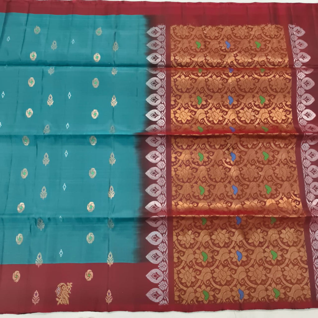 Soft Silk Saree – Teal Blue and Maroon Contrast