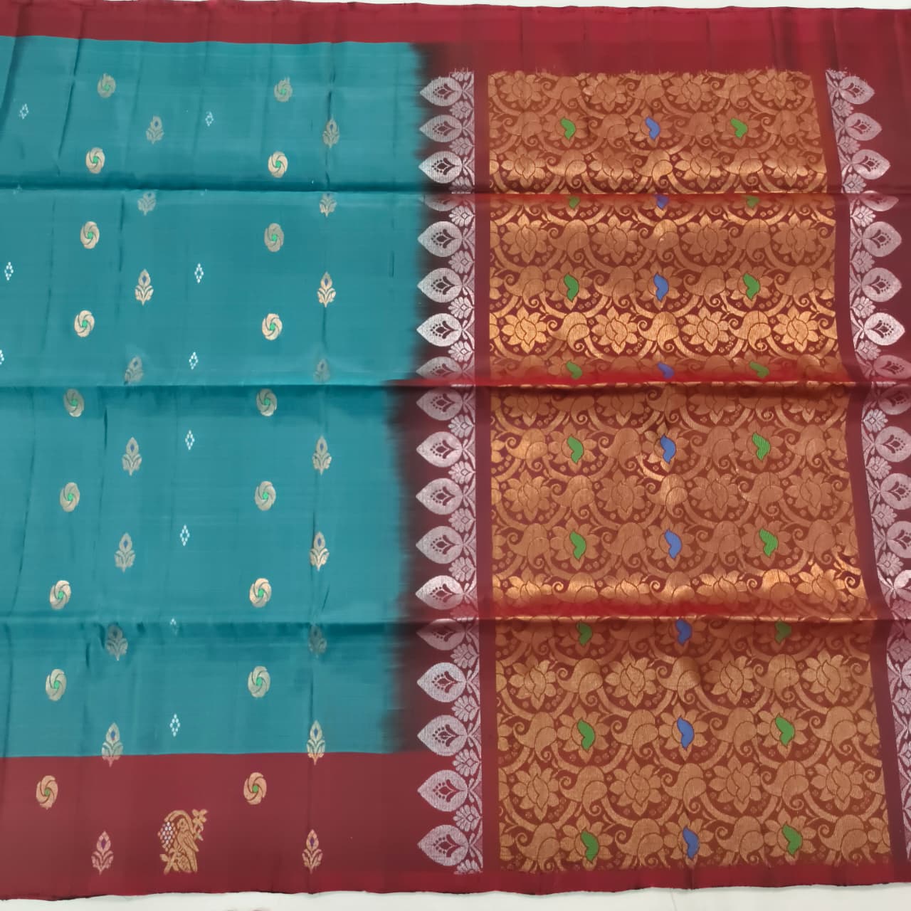 Soft Silk Saree – Teal Blue and Maroon Contrast