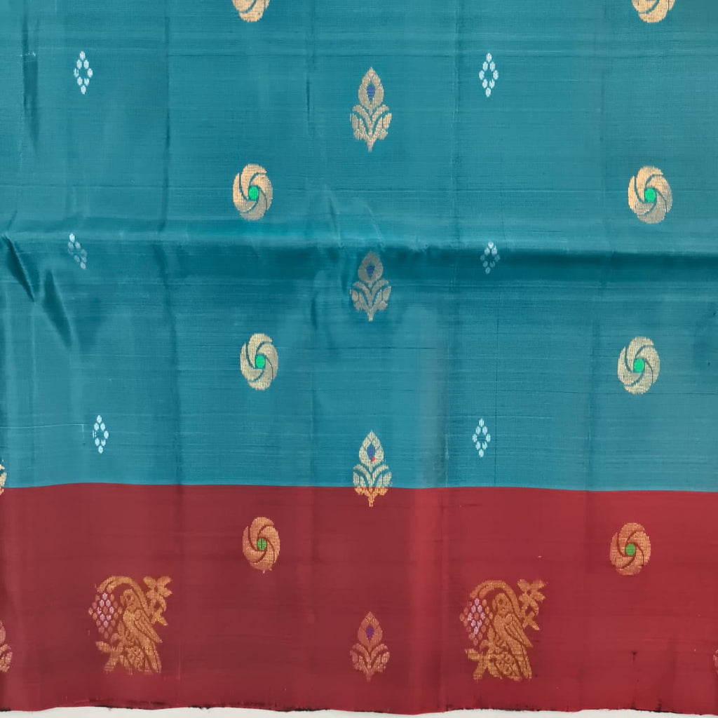Soft Silk Saree – Teal Blue and Maroon Contrast