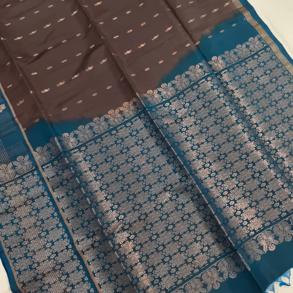 Soft Silk Saree – Dark Grey and Blue Contrast