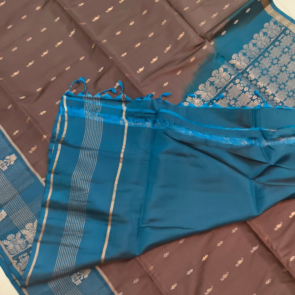 Soft Silk Saree – Dark Grey and Blue Contrast
