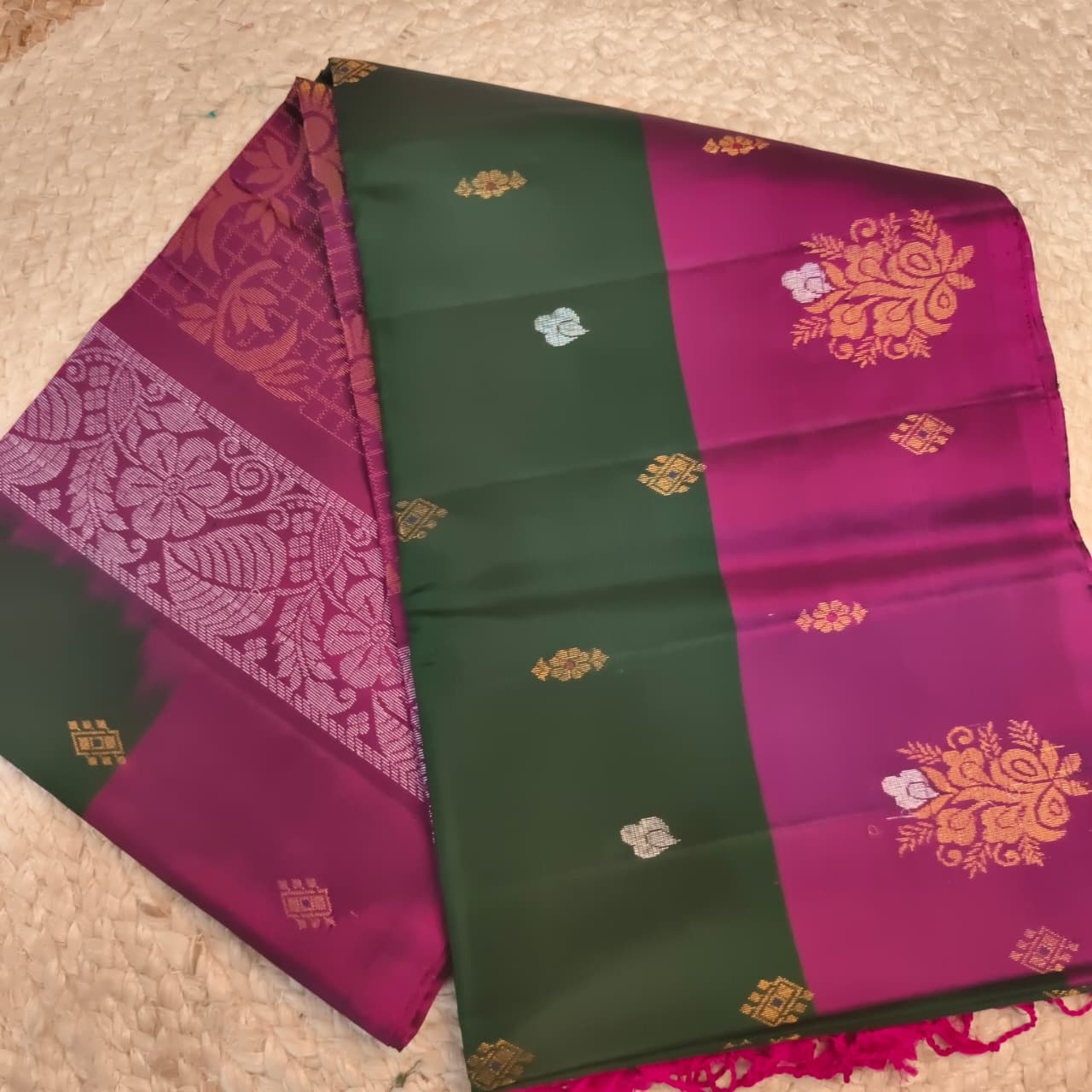 Soft Silk Saree – Bottle Green and Wine Contrast