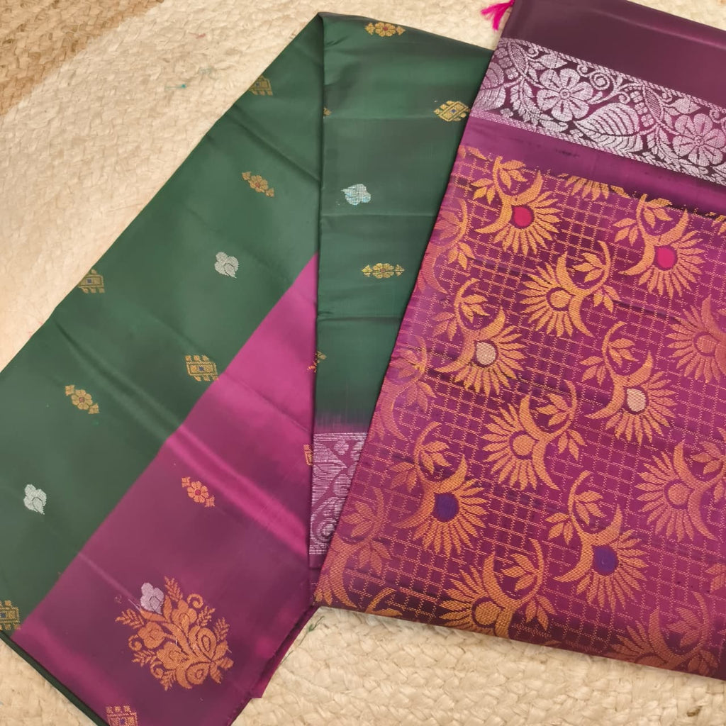 Soft Silk Saree – Bottle Green and Wine Contrast