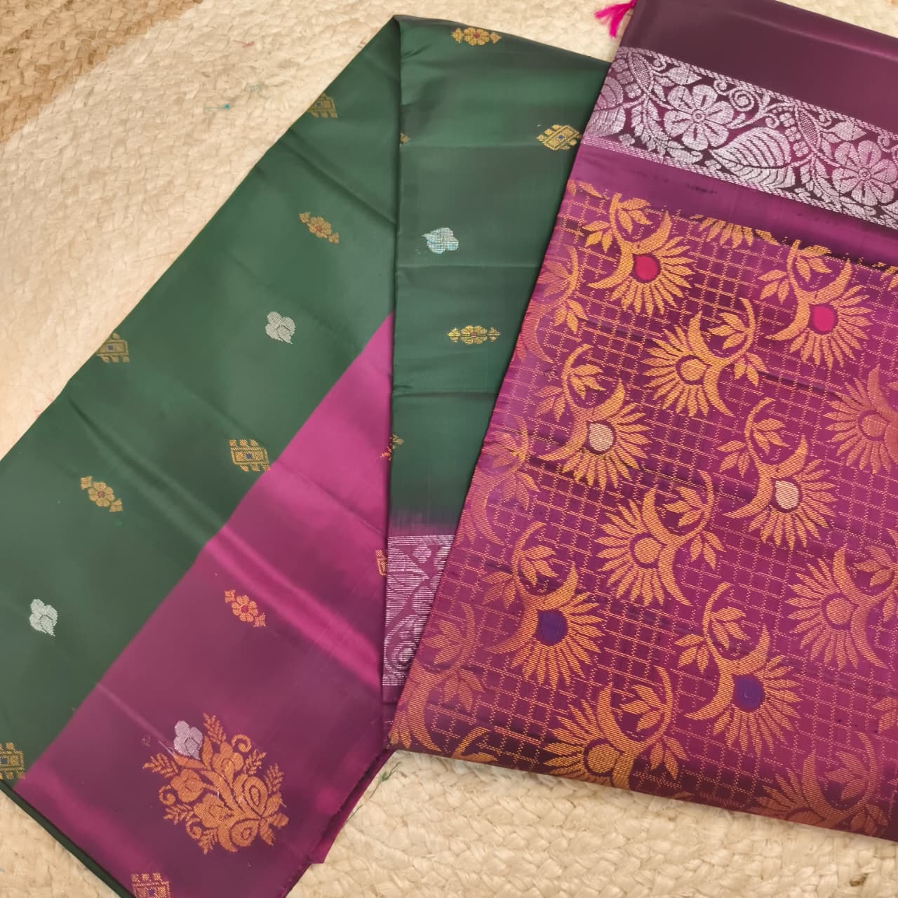 Soft Silk Saree – Bottle Green and Wine Contrast