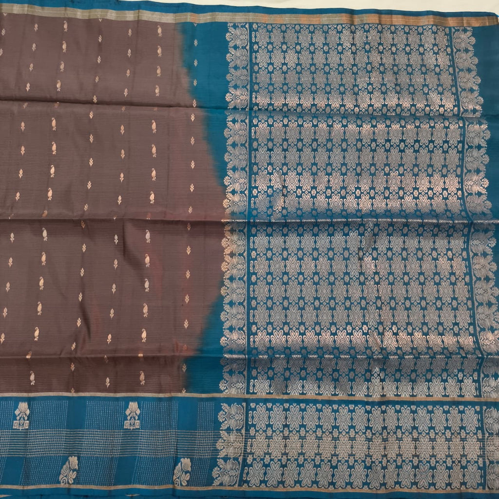 Soft Silk Saree – Dark Grey and Blue Contrast
