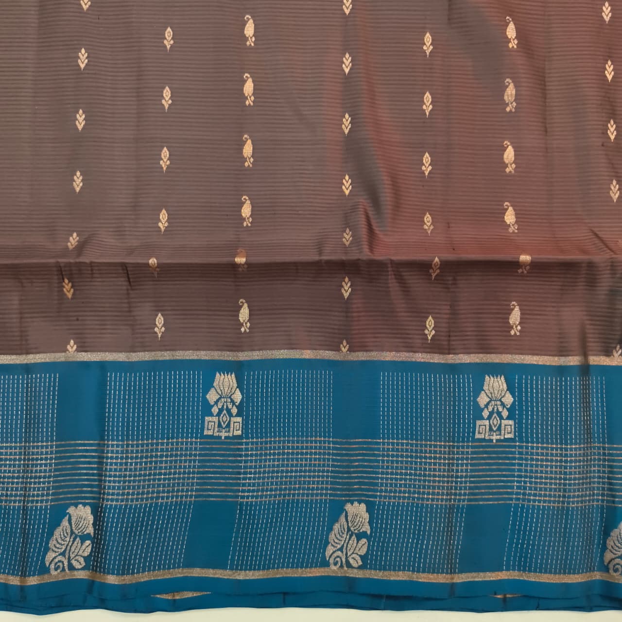 Soft Silk Saree – Dark Grey and Blue Contrast