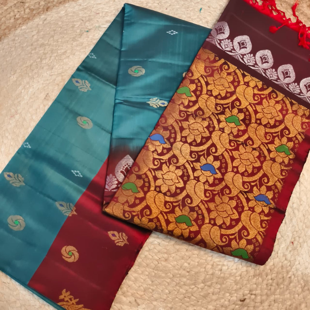 Soft Silk Saree – Teal Blue and Maroon Contrast
